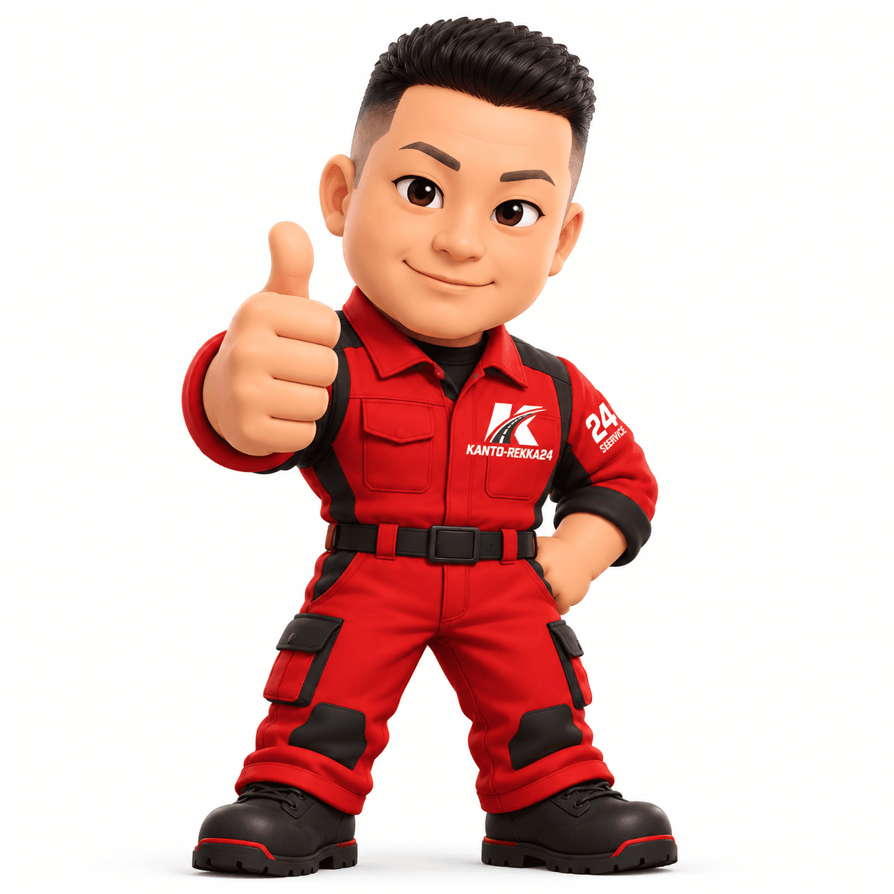 親指を立てて相談を案内する、赤いユニフォームのキャラクター