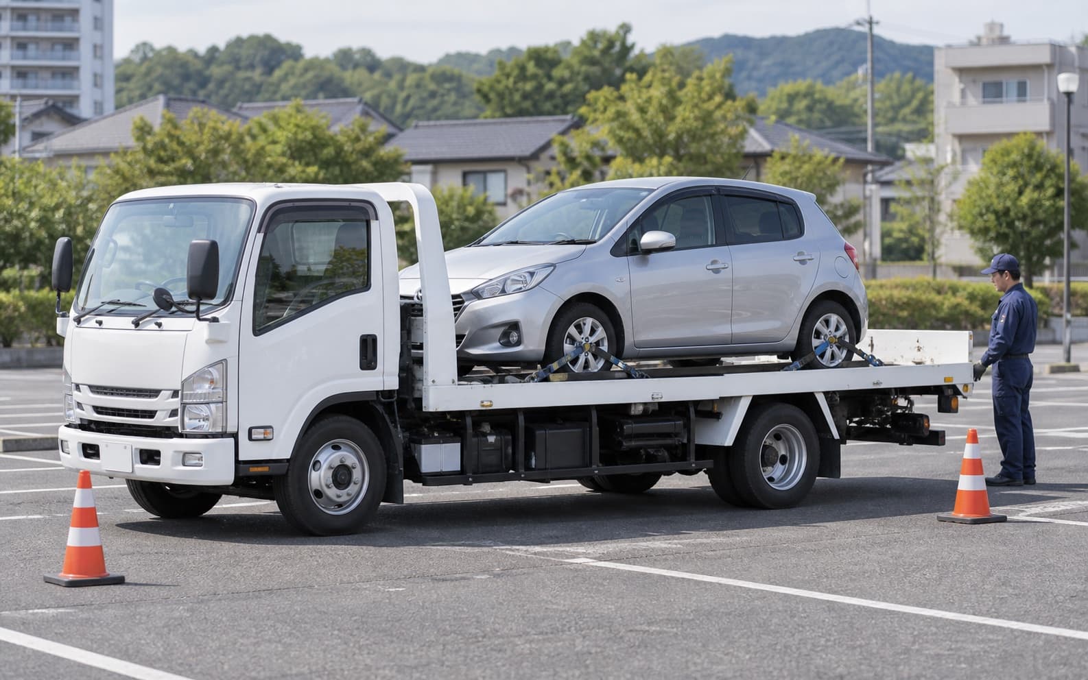 駐車場で銀色の乗用車を積載車に載せ、作業員が搬送前の状態を確認している様子
